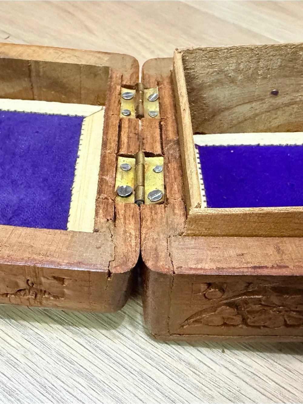Vintage Carved Wooden Trinket Box with White Inlay